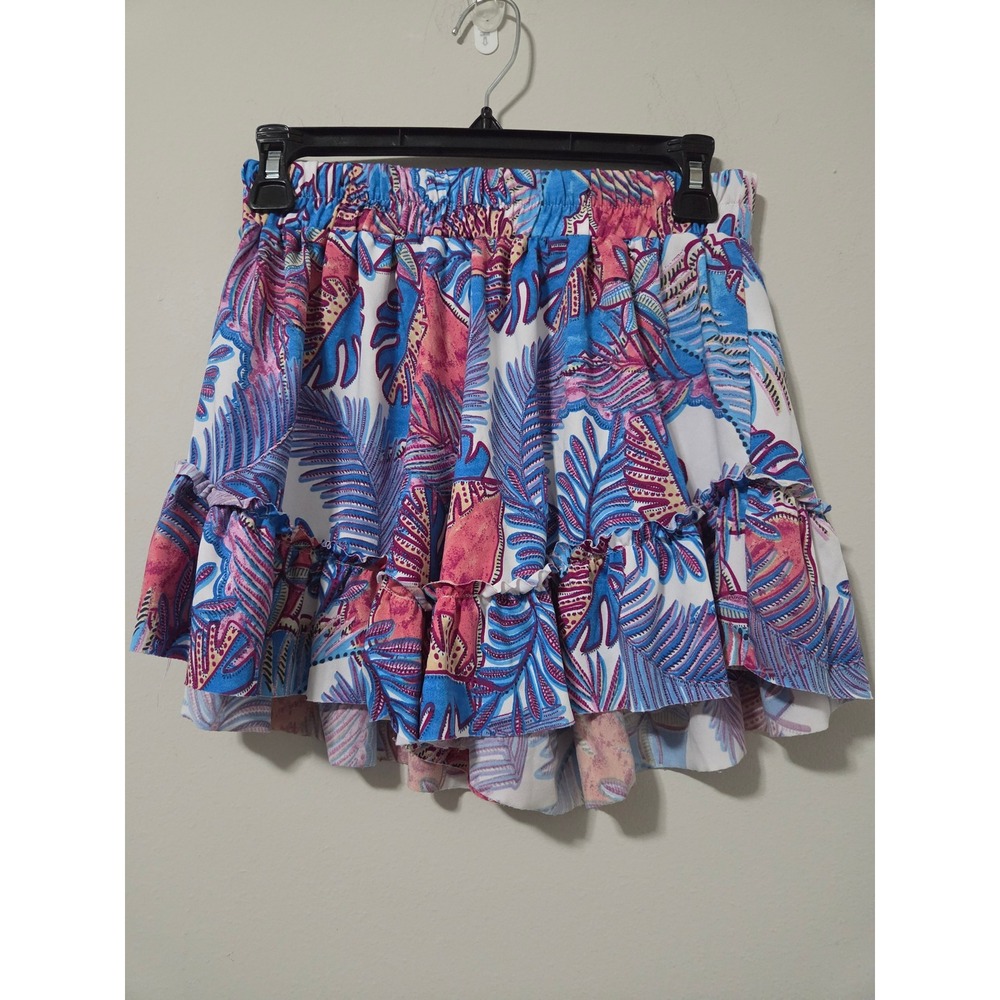 Chatoyant Tropical Leaf Print Ruffle Shorts Blue Pink Smocked Waist Size M
